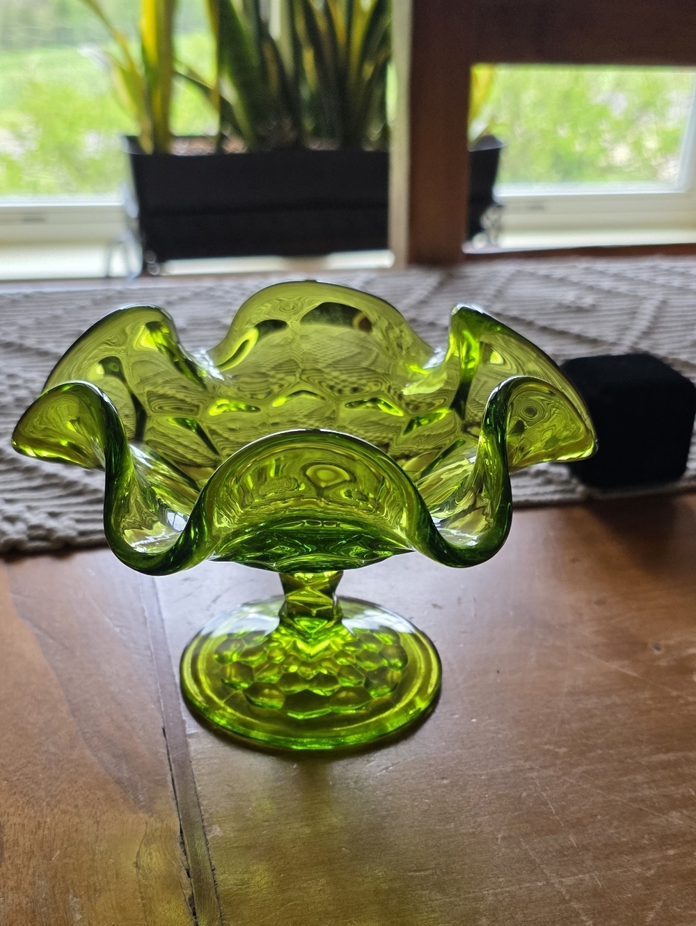 Viking Green Ruffled Glass Compote Dish